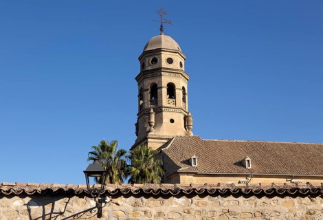 Bell tower of cathedral church against blue sky, Baeza, Jaen province, Andalusia, Spain, Europe