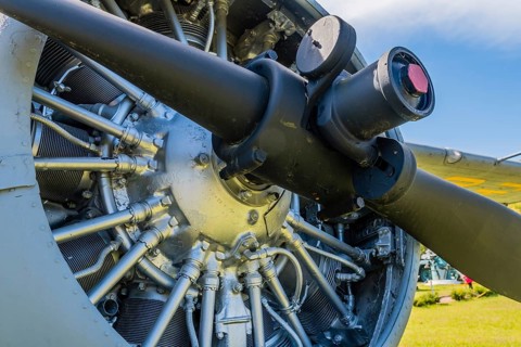 Closeup of propeller and radial engine of antique airplane on display in public park in Seosan,