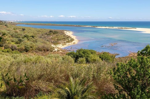 Coastal wooded landscape of pristine beaches and lagoon behind offshore sandbar, Cacela Velha, Vila