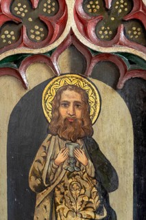 Victorian rood screen paintings of saints, Bildeston church, Suffolk, England, UK, Saint John c
