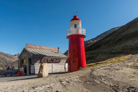 Oberalp Pass, lighthouse and Rhine spring information centre at the top of the pass, canton of