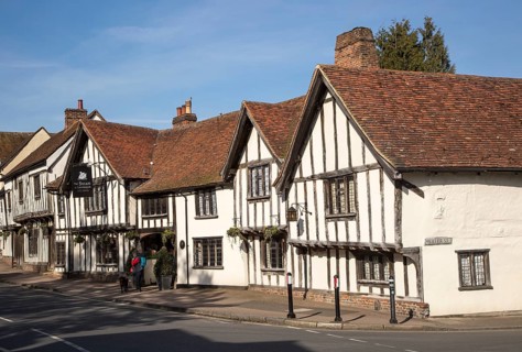 Historic Tudor architecture of the Swan Hotel, Lavenham, Suffolk, England, UK