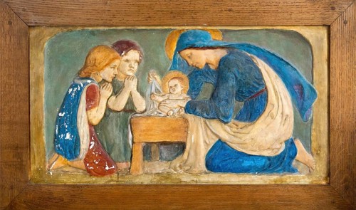 Nativity panel in plaster with blessed Virgin Mary baby Jesus and two children by Ellen Mary Rope