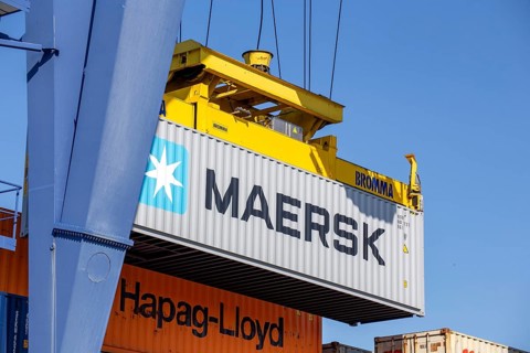 A Maersk Line container is loaded in the port of Mannheim, Germany. Supply bottlenecks and a sharp