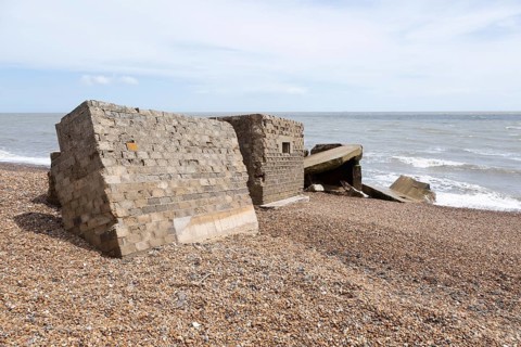 Wartime coastal defences 1940s anti-invasion military structures, Bawdsey, Suffolk, England, UK