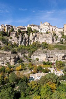 Historic buildings on cliff of river gorge, Rio Huecar, Cuenca, Castille La Mancha, Spain, Europe