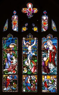 Stained glass window Lavers, Barraud and Westlake 1865 Good samaritan, Crucifixion, Jesus Christ