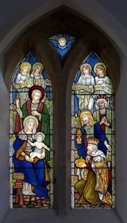 Stained glass window c 1906 Nativity scene, Thorpe Morieux church, Suffolk, England, UK