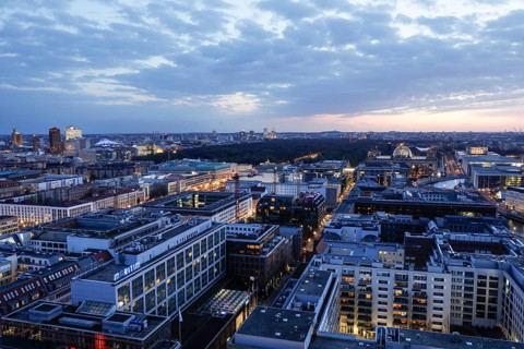 Berlin Mitte with Reichstag, Chancellery and Potsdamer Platz in the evening, 21.04.2021