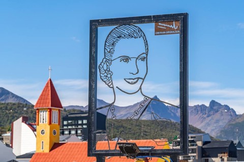 Artwork with a picture of the politician Eva Peron, also Evita, by artist Alejandro Marmo, Ushuaia,