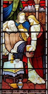 Stained glass window Bedingfield church, Suffolk, England, UK c 1878, I Was Sick and Ye Visited Me,