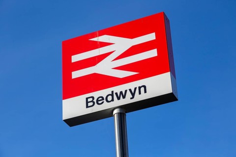 Double arrow British Rail logo designer Gerry Barney, Great Bedwyn railway station, Wiltshire,