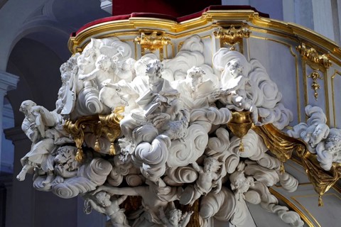 Detail, pulpit, interior view of St Trinitatis Cathedral, altar, nave, Dresden, Free State of