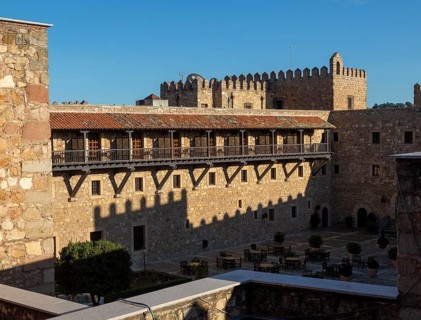 Courtyard of castle Parador hotel, Siguenza, Guadalajara province, Spain, Europe