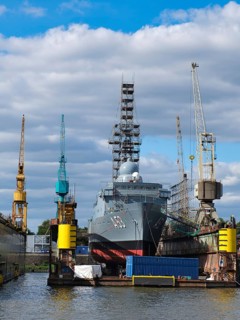 Warship in the dockyard in Hamburg harbour, Bundeswehr, Hanseatic City of Hamburg, Hamburg,