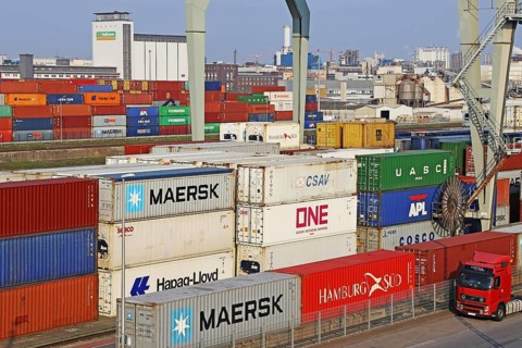 Large stack of shipping containers or storage containers in the Rhine harbour of Mannheim