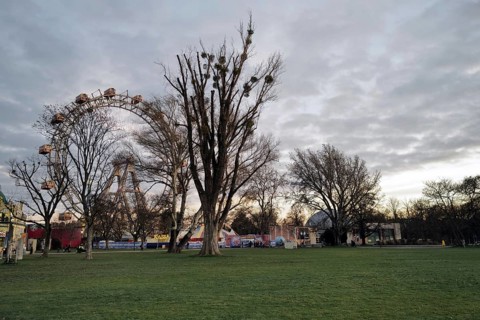 A picturesque view of a funfair area known as Prater Wien on a winter's day. Vienna, Austria,