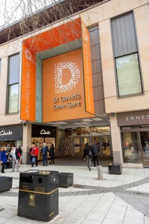 Entrance St David's shopping centre, Queen Street, Cardiff, South Wales, UK
