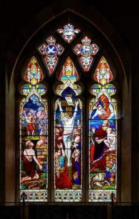 Stained glass window Washbrook church, Suffolk, England, UK by Ward and Hughes c 1870 Crucifixion