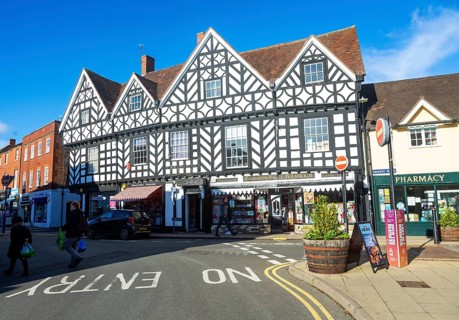 Medieval half timbered building Claridges of Warwick shop, Warwick, Warwickshire, England, UK