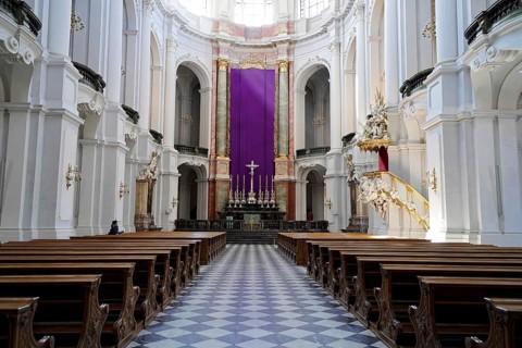 Interior view, St Trinitatis Cathedral, Altar, Nave, Dresden, Free State of Saxony, Germany, Europe