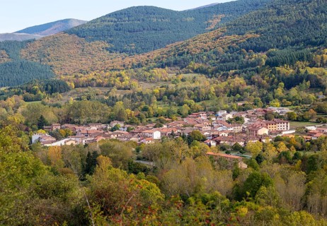 Autumnal countryside landscape view of forests, mountains and village of Valganon, La Rioja, Spain,