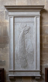White gesso plaque memorial 1886 by Edward Burne-Jones to Laura Lyttelton, Mells church, Somerset,
