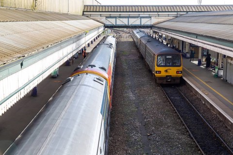 Trains at platform in St David's railway station, Exeter, Devon, England, UK, British Rail Class