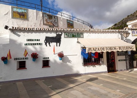 Bullring built 1900, Mijas, Costa del Sol, Malaga Province, Andalusia, Spain ticket windows for sun