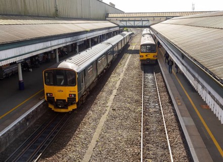 GWR trains St David's railway station, Exeter, Devon, England, UK British Rail Class 150 Sprinter