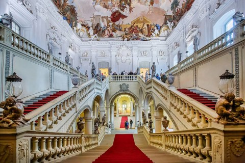 Staircase with ceiling painting by Tiepolo in the Wuerzburg Residence, Wuerzburg, Maintal, Lower