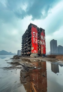 Symbolic image for the collapse of Rene Benko's SIGNA Group, a red tower block with the company