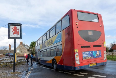 Red Stagecoach double decker service bus at Avebury, Wiltshire, England, UK