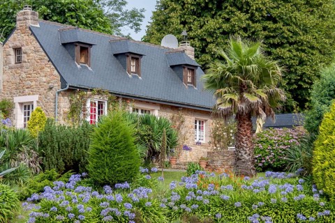 Typical Breton stone house, Brittany, Ile de Brehat, Departement Cotes-d'Armor, Brittany, France,