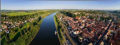 Pirna on the Elbe. General view of the old town centre with town hall, market square, St. Mary's
