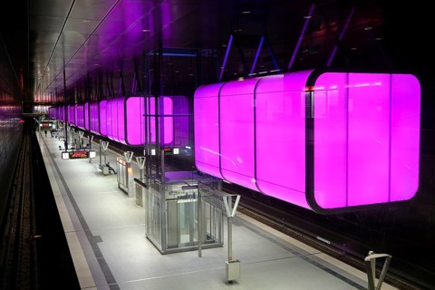 Hafencity University underground station, coloured light containers, Hanseatic City of Hamburg,