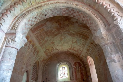 Medieval frescoes church of Saint Mary, Kempley, Gloucestershire, England, UK, Christ in Majesty