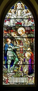 Stained glass window church East Woodhay, Hampshire, England, UK soldier receiving crown of life