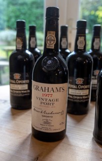 Bottles of vintage port including Graham's 1977 from Oporto, Portugal, Europe