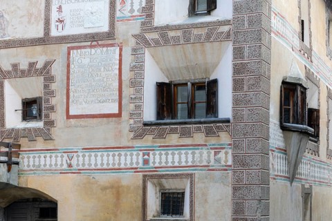 Oriel, window, historic house, sgraffito, facade decorations, Ardez, Engadin, Grisons, Switzerland,