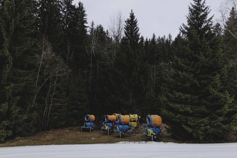 Snow cannons, photographed on a ski slope in the Jizera Mountains ski resort near Albrechtice v