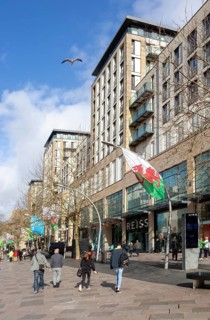 The Hayes pedestrianised shopping street in city centre of Cardiff, South Wales, UK