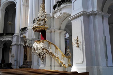 Pulpit, interior view of St Trinitatis Cathedral, altar, nave, Dresden, Free State of Saxony,