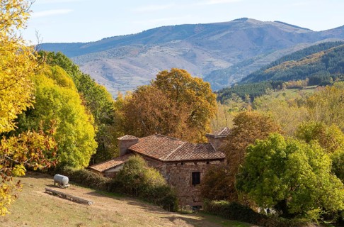 Autumnal countryside landscape view of mountains, Nuestra Senora de Tres Fuentes church, Valganon,