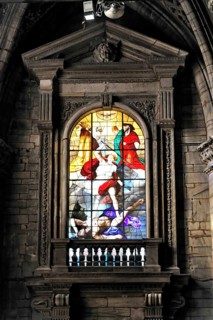 Coloured church windows, interior, Milan Cathedral in white marble, Lombardy, Italy, Europe