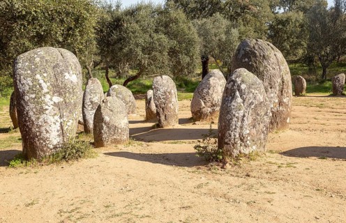 Neolothic stone circle of granite boulders, Cromeleque dos Almendres, Evora district, Alentejo,