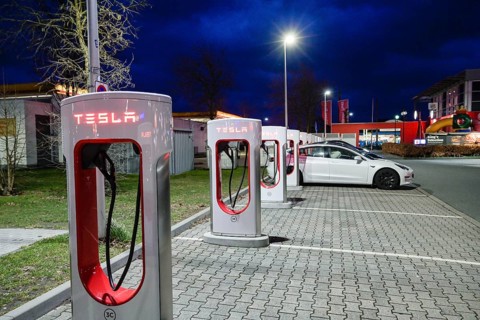 Tesla Supercharger charging station, car park, Werre-Park shopping centre, Bad Oeynhausen, North