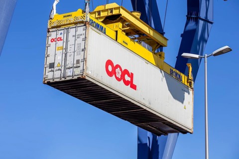 An OOCL Orient Overseas Container Line container is loaded in the port of Mannheim, Germany. Supply
