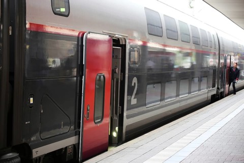 Stopping TGV at Mannheim main station with passengers boarding and alighting