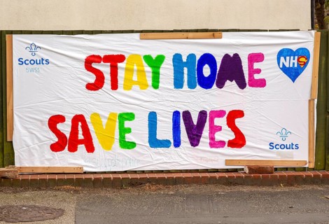 NHS Stay Home Save Lives, Scouts handmade sign, Woodbridge, Suffolk, England, UK